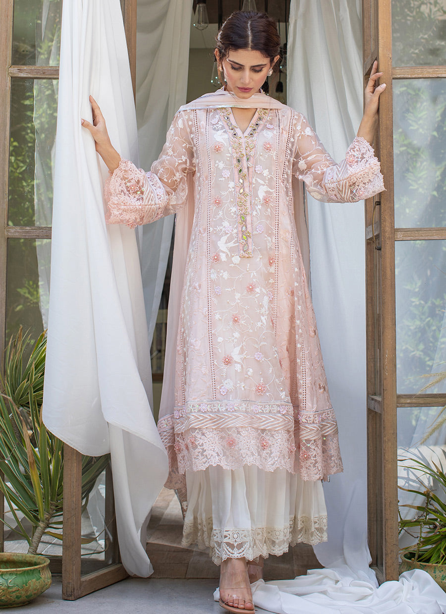 Misty Pink Panelled Embellished Shirt with Dupatta