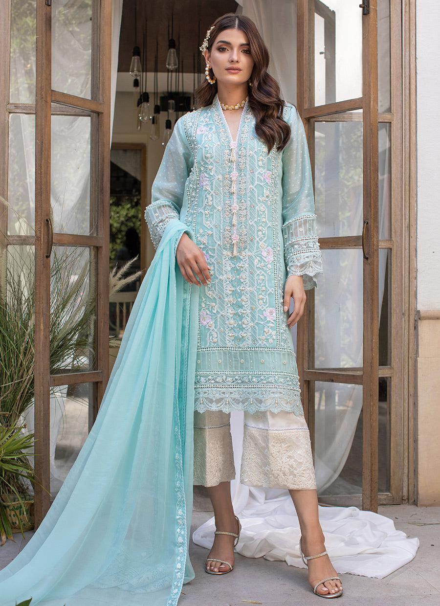 Sapphire Blue Embellished Cotton Net with Dupatta
