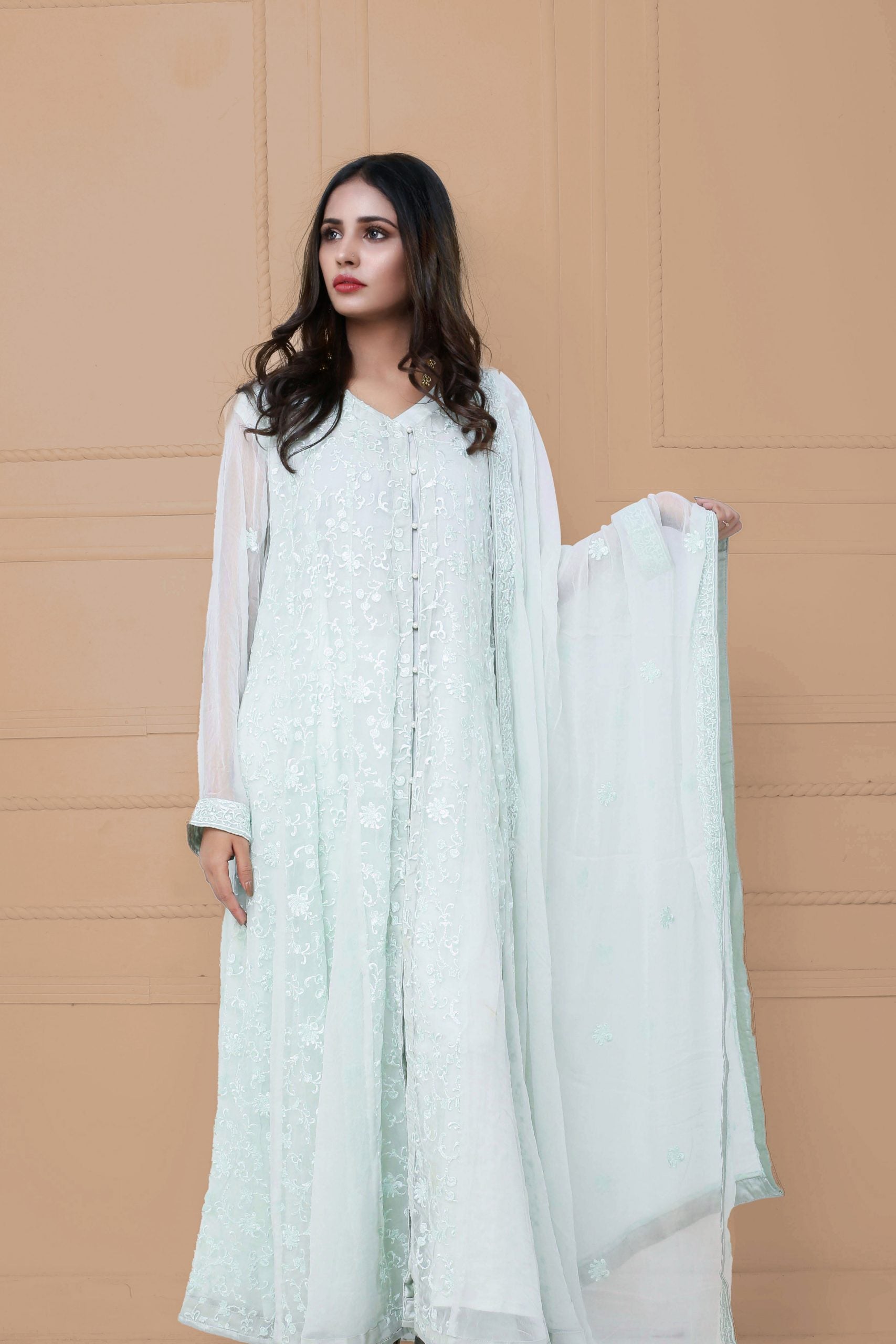 Front open embroidered suit 3pc 017
