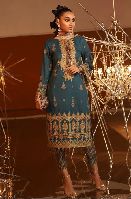 2 Piece Embroidered Suit With Printed Cambric Trouser