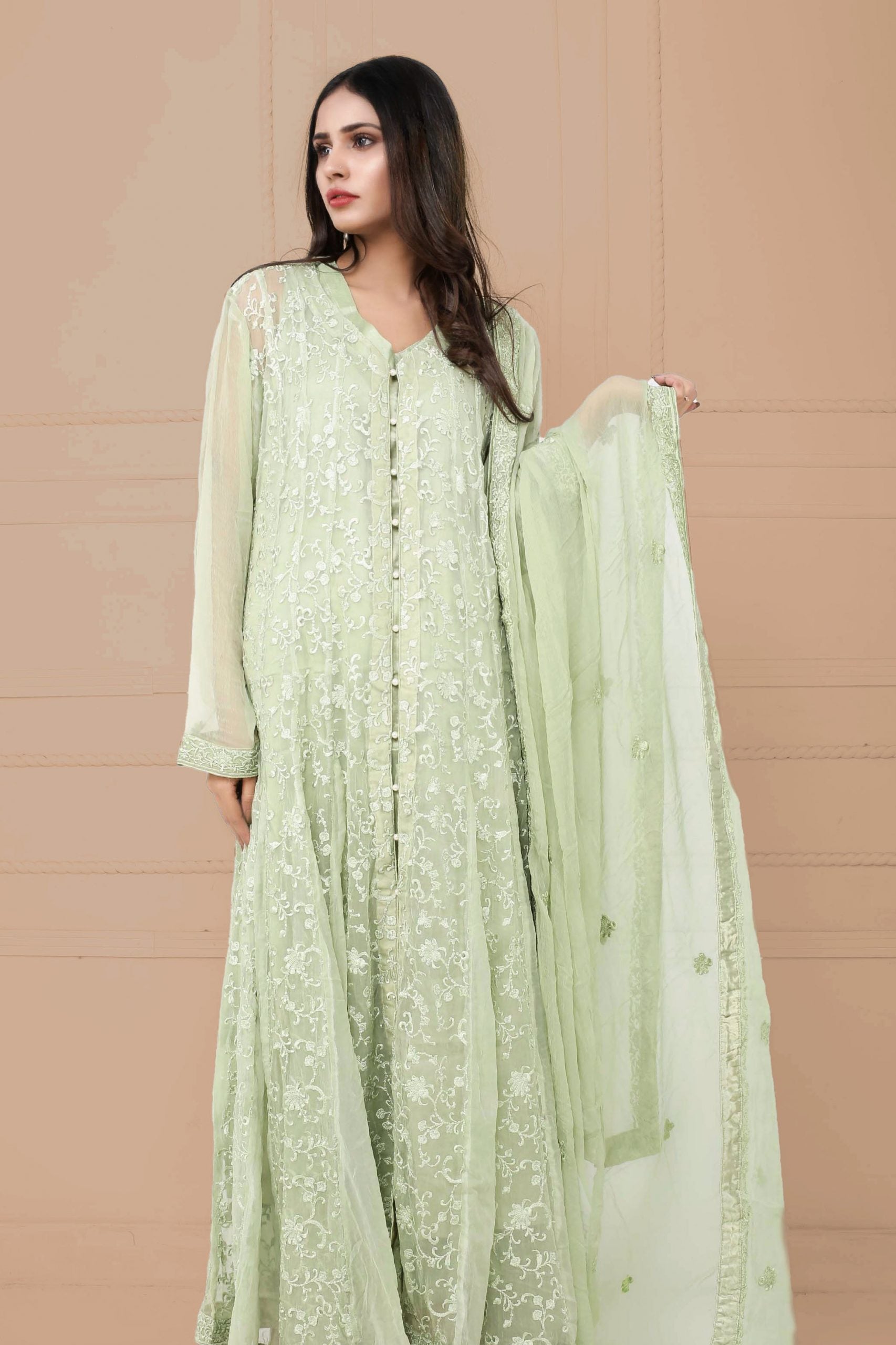 Front open embroidered suit 3pc 017 - Green