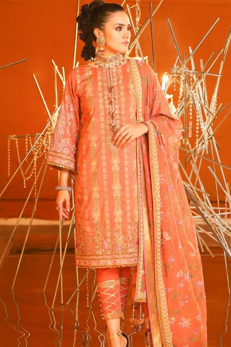 3 Piece Embroidered Suit With Printed Chiffon Dupatta