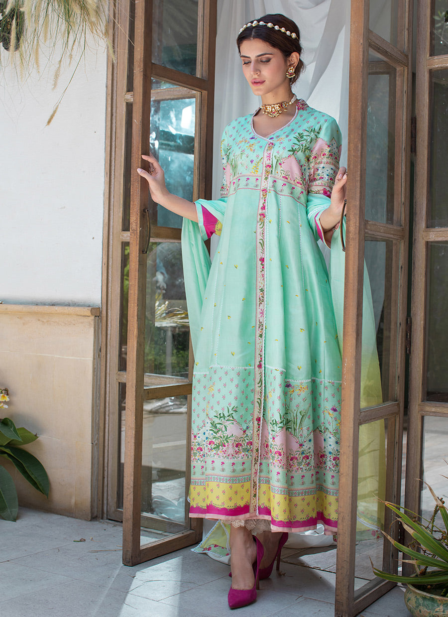 Azure Embellished Silk Kalidaar Angarkha and Silk Dupatta