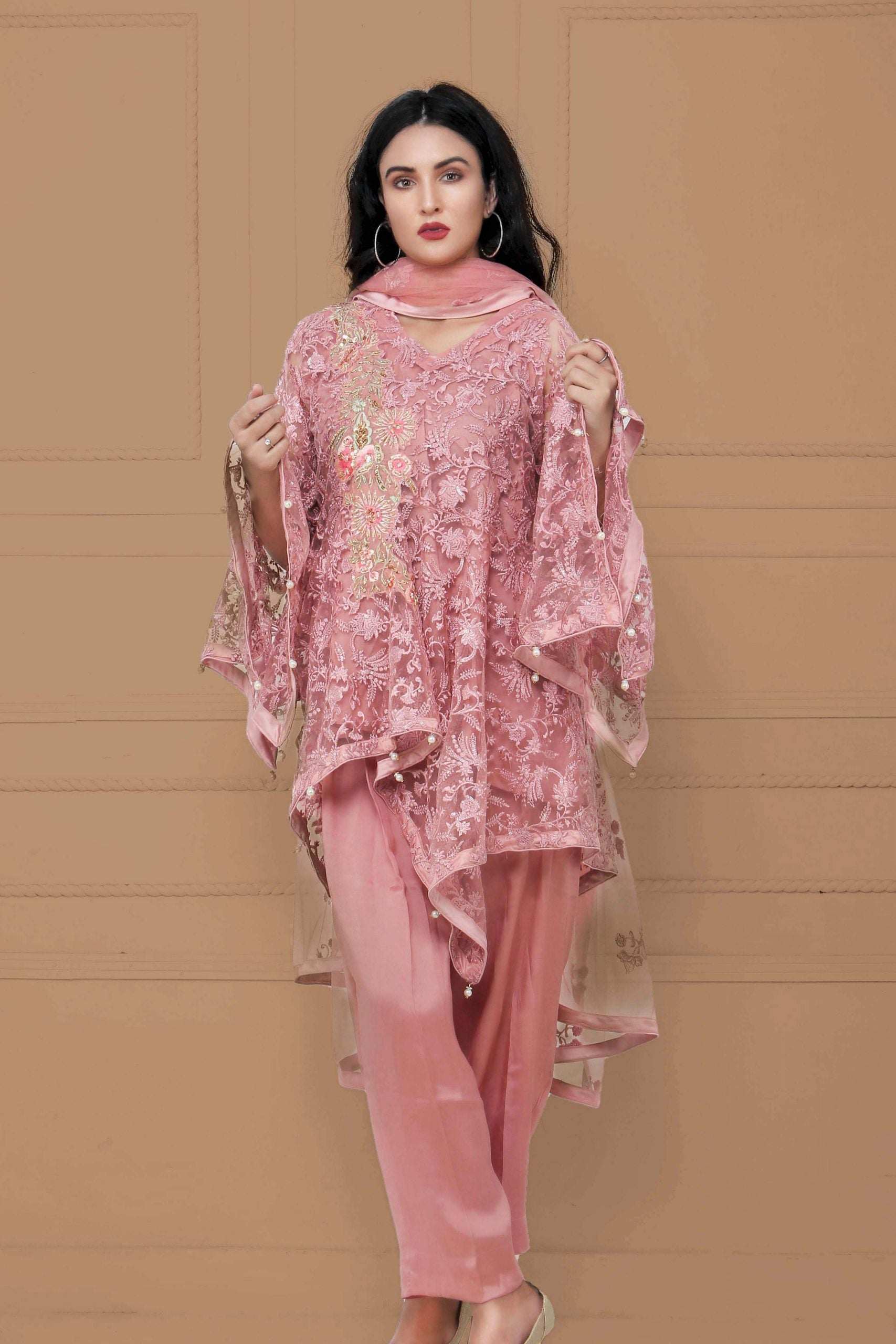 Frock style embroidered shirt 009 - Pink